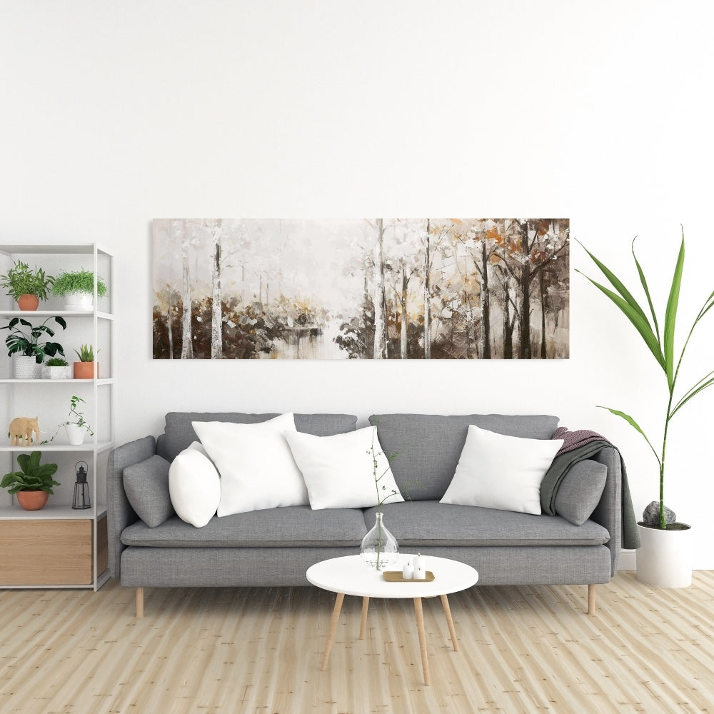 Toile abstraite marron avec forêt blanche | Décoration d'arbre paysager