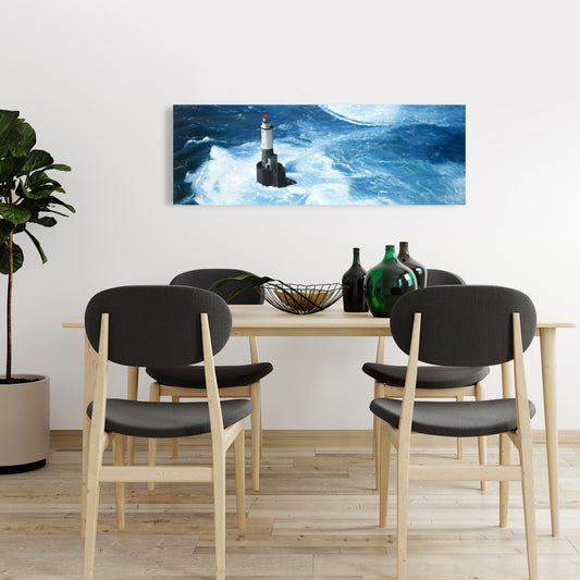 Vagues déchaînées sur un phare | Toile côtière bleu marine