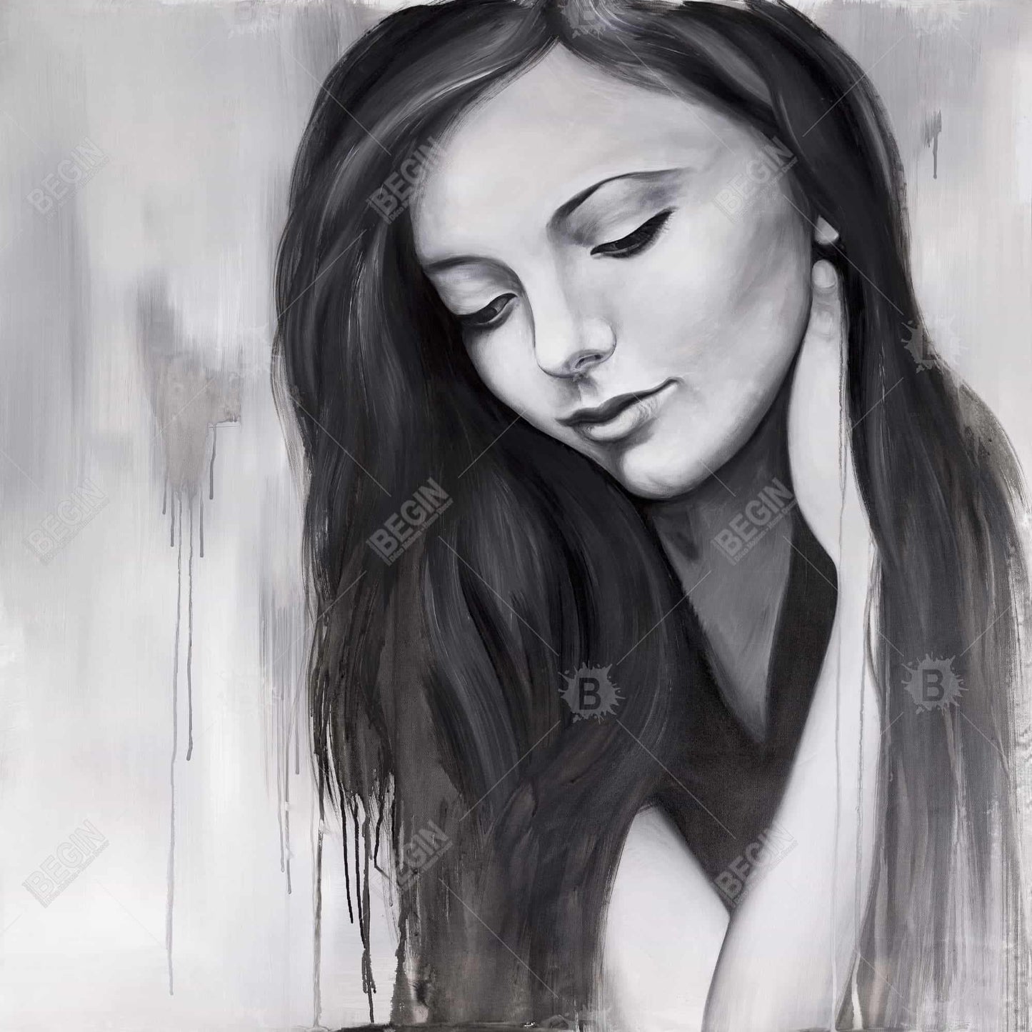 Realistic Woman Portrait - Monochrome Framed Canvas Decor