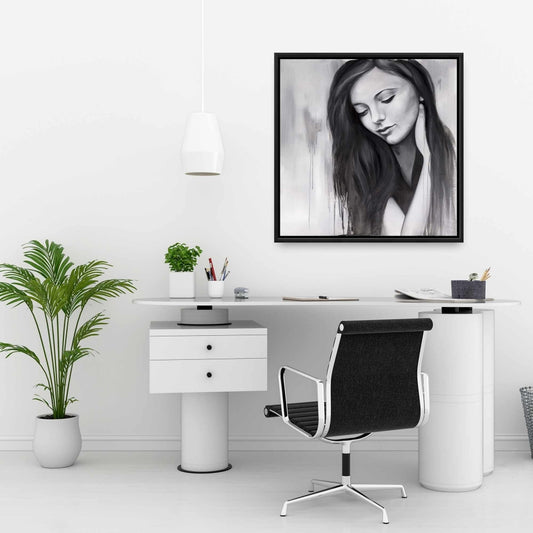 Realistic Woman Portrait - Monochrome Framed Canvas Decor