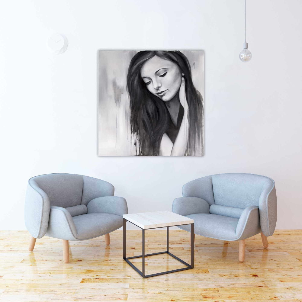 Realistic Woman Portrait | Monochrome White Canvas Decor