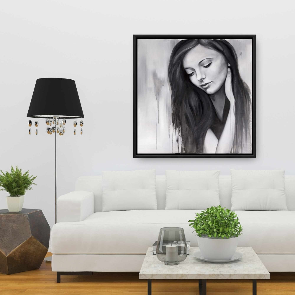 Realistic Woman Portrait - Monochrome Framed Canvas Decor