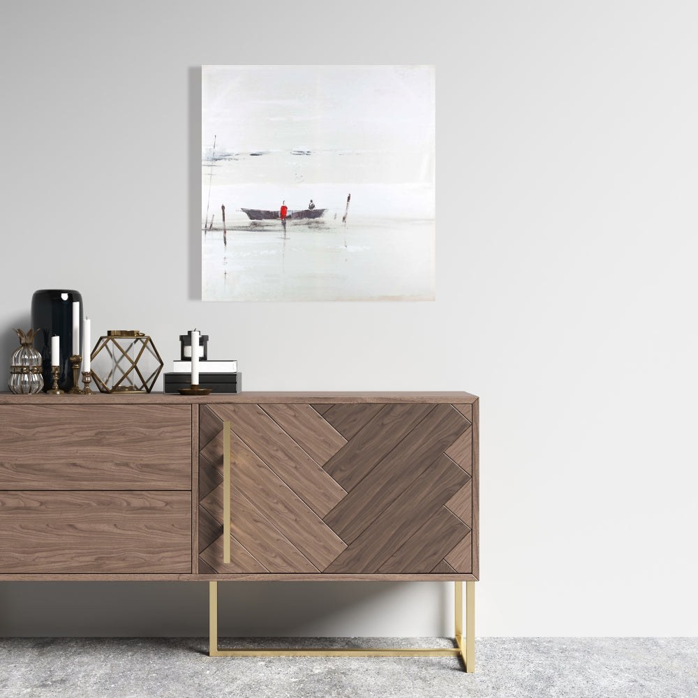 Toile minimaliste grise « Bateau sur un lac » | Décoration murale pour chambre