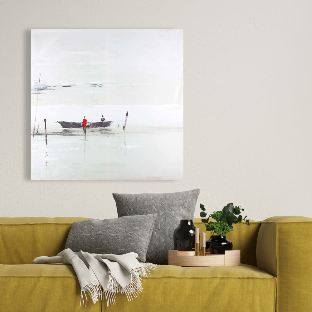 Toile minimaliste grise « Bateau sur un lac » | Décoration murale pour chambre