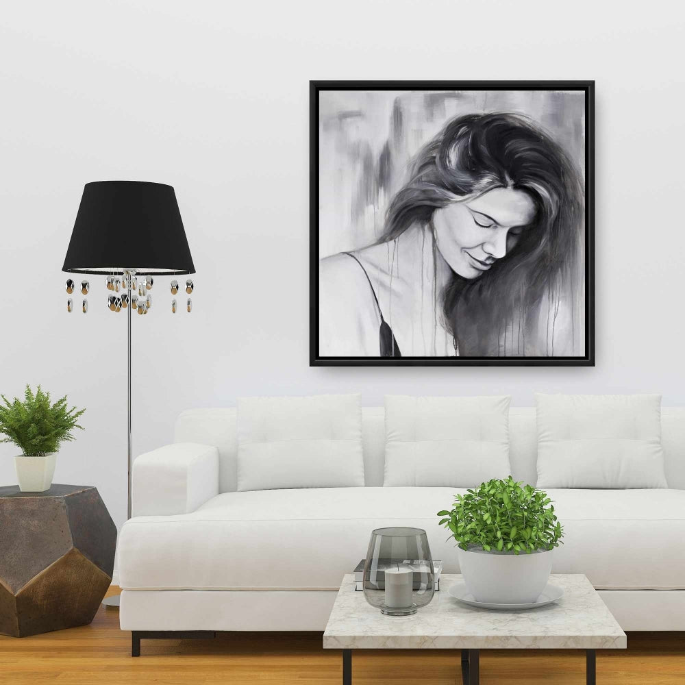 Smiling Woman Portrait - White Bedroom Framed Canvas Decor
