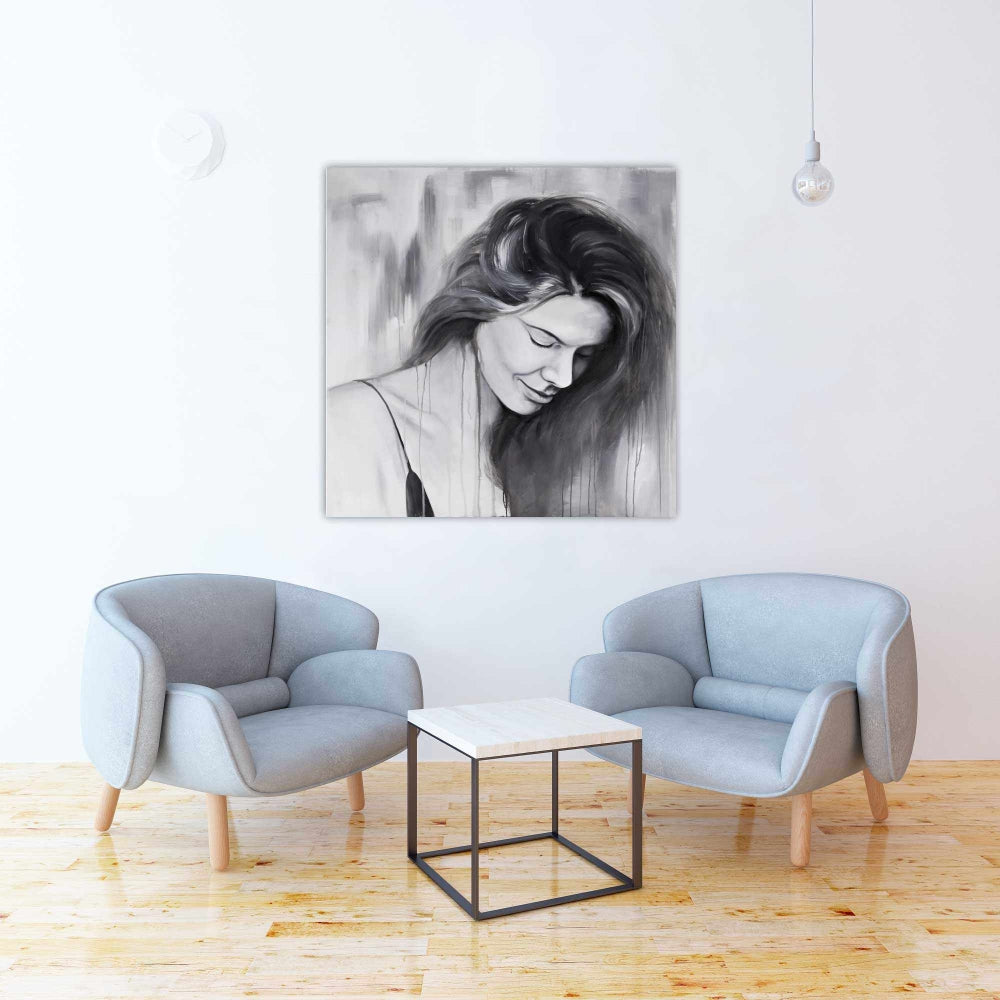 Smiling Woman Portrait Canvas | Monochrome Bedroom Decor