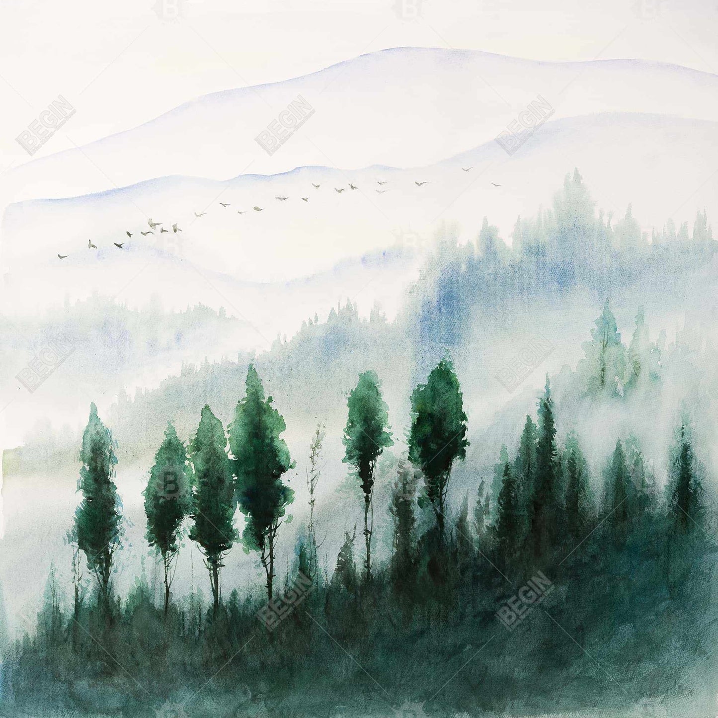 Paysage à l'aquarelle - Décoration d'intérieur sur toile avec arbres pour chambre à coucher