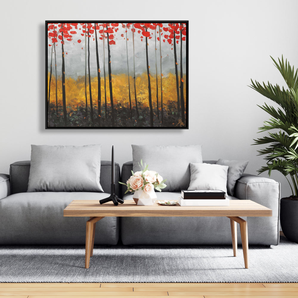 Toile abstraite avec arbres et paysage | Décoration de chambre encadrée grise