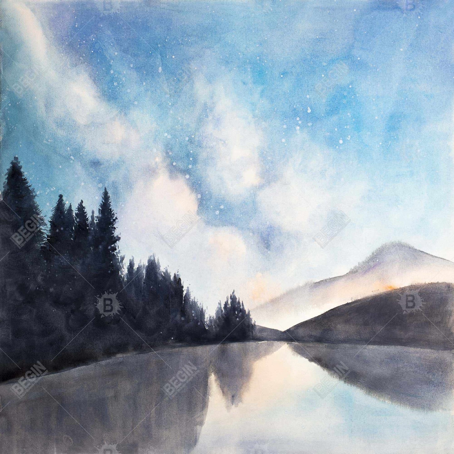 Toile bleue « Vue sur le lac la nuit » – Décoration murale paysage