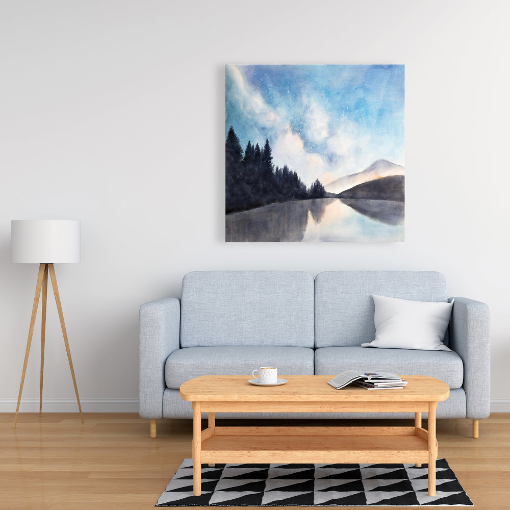 Toile bleue « Vue sur le lac la nuit » – Décoration murale paysage