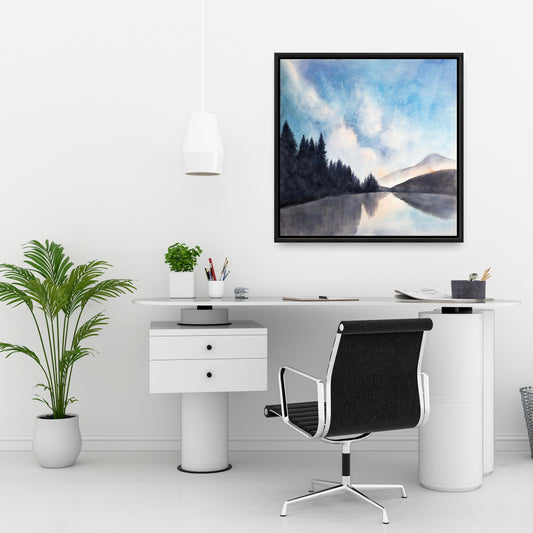 Toile encadrée « Vue sur le lac » bleu nuit – Décoration d'intérieur avec arbres