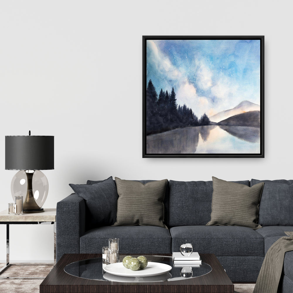 Lakeview by Night Blue Framed Canvas - Home Decor Trees