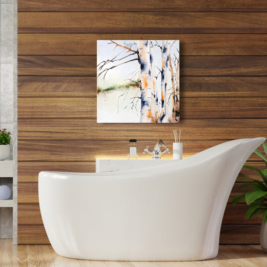 Toile bleue représentant des troncs de bouleaux – Illustration d'arbres pour la décoration intérieure