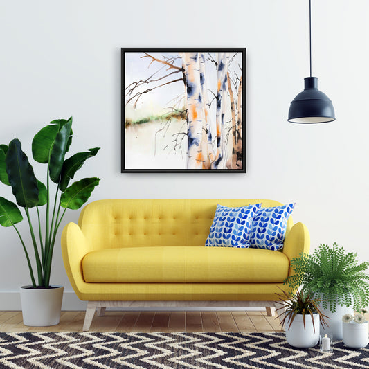 Toile encadrée illustrative « Troncs de bouleau bleus » – Décoration de chambre