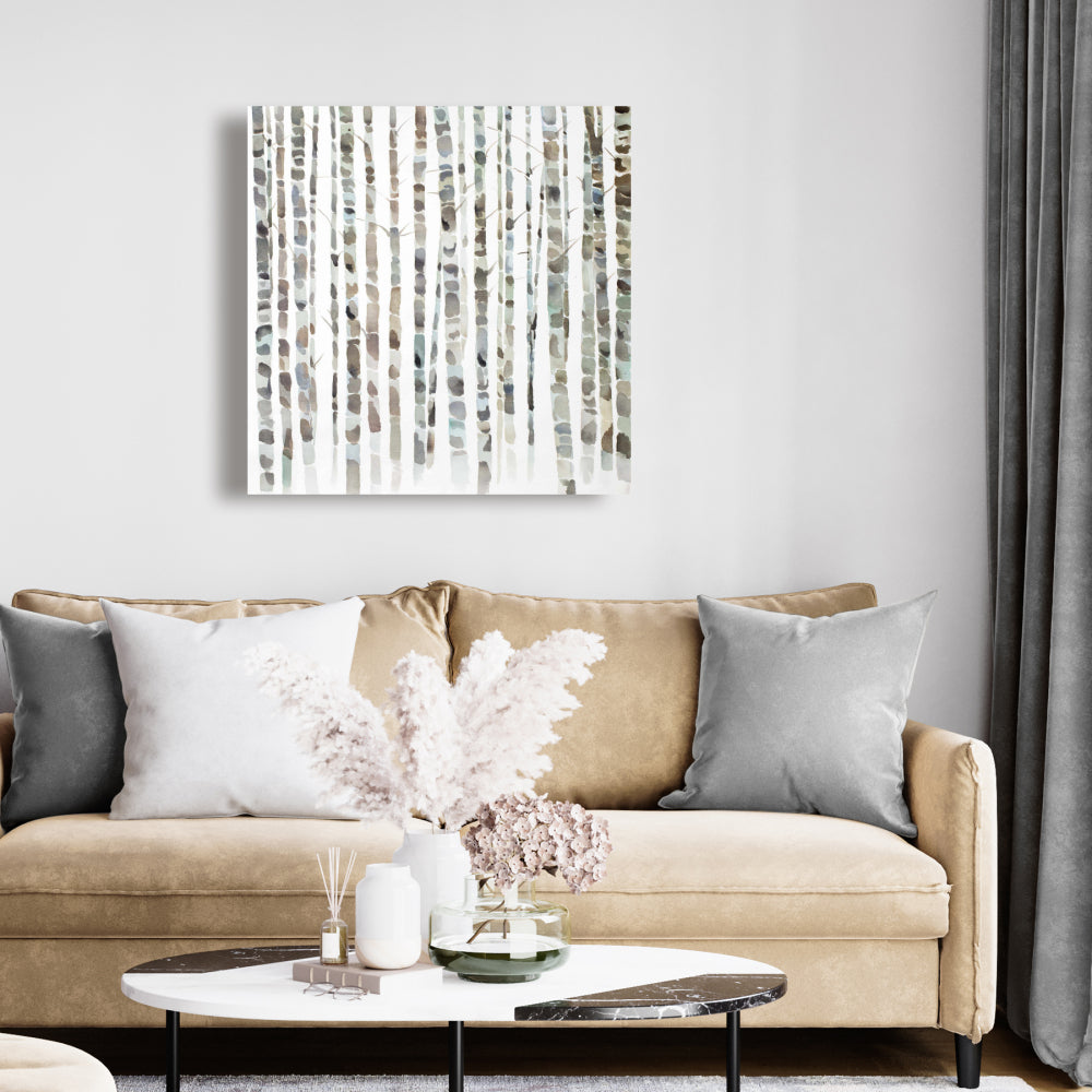 Minimalist Blue Landscape Canvas - Watercolor Birch Trees Decor