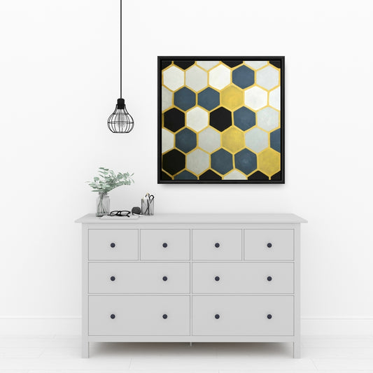 Toile moderne à cellules bleues et dorées | Décoration murale de chambre