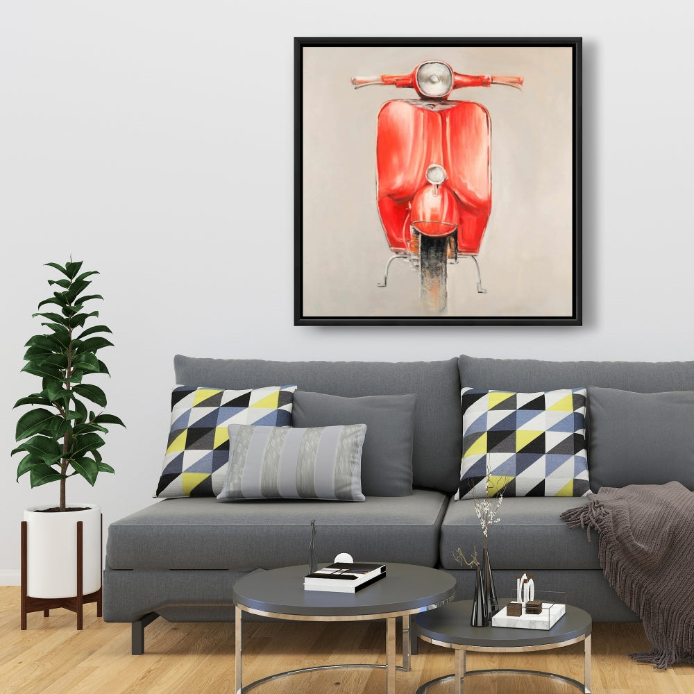 Small Red Moped Canvas | Red Transportation Motorcycle Art