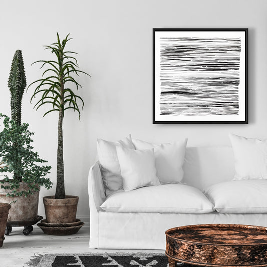 Toile abstraite « Gray Grooves » | Décoration murale encadrée blanche