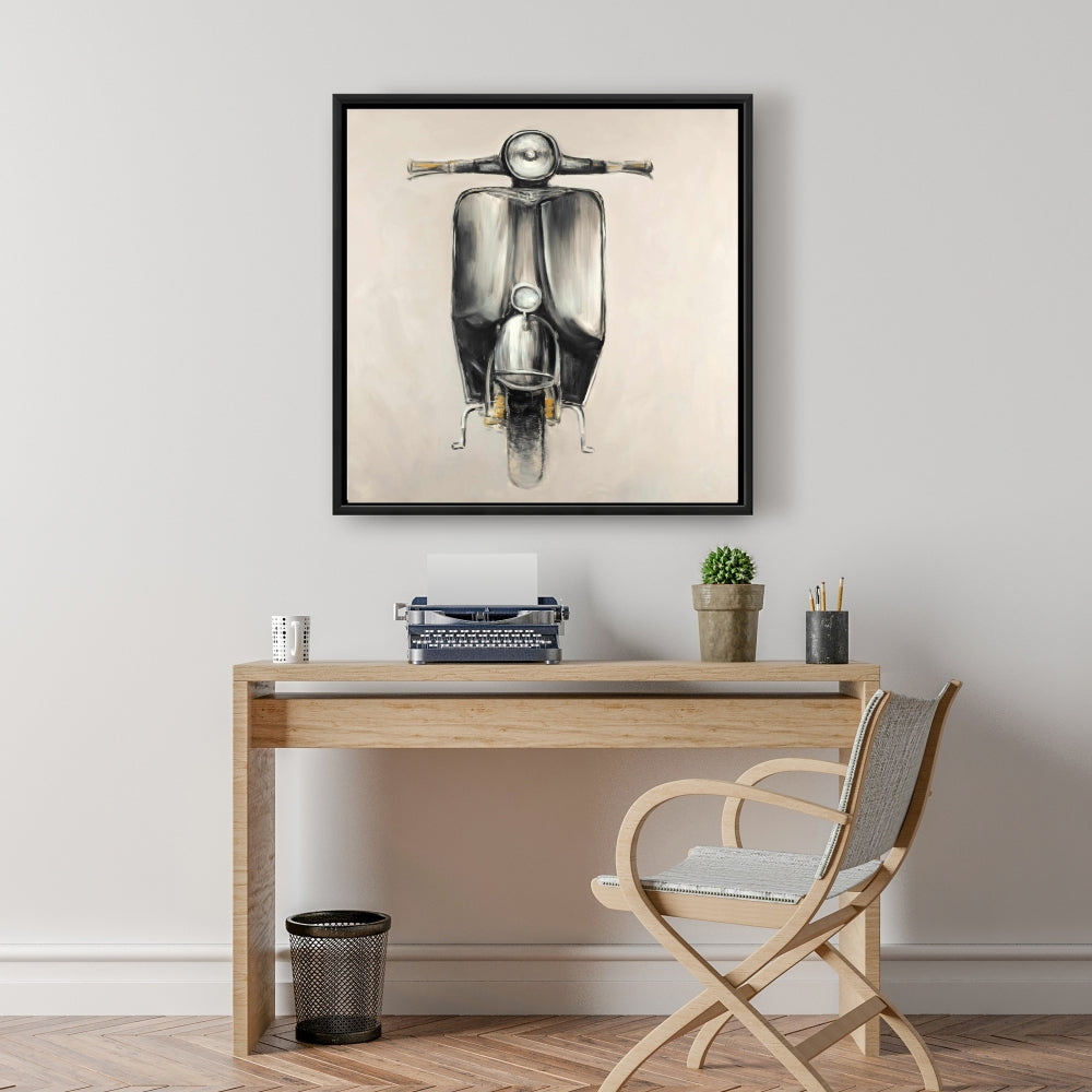 Small Black Moped Gray Framed Canvas | Bedroom Wall Decor