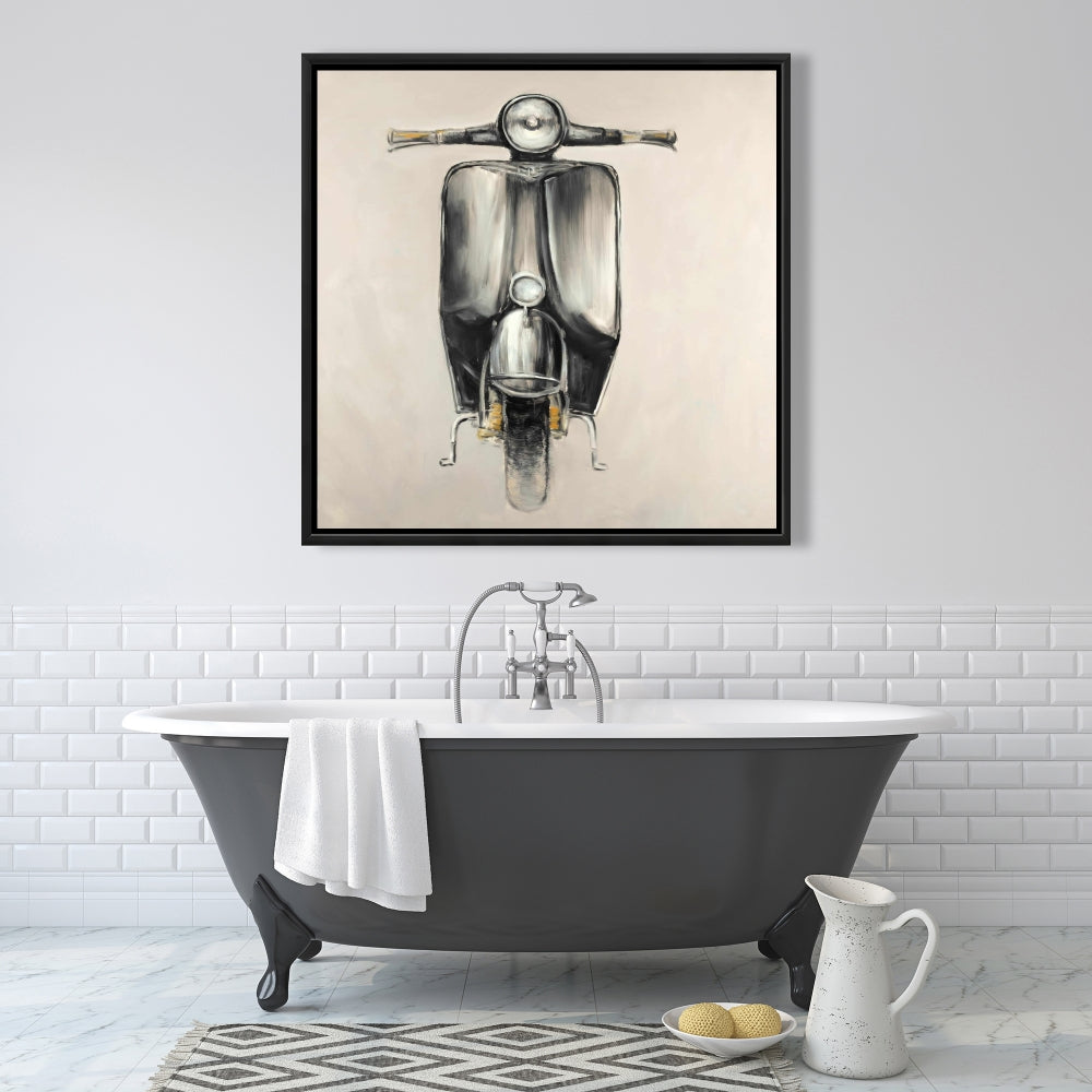Small Black Moped Gray Framed Canvas | Bedroom Wall Decor