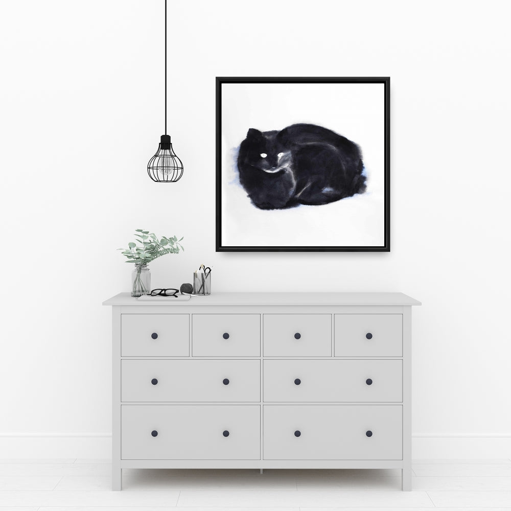 Chat aquarelle abstrait | Toile encadrée noire pour décoration intérieure