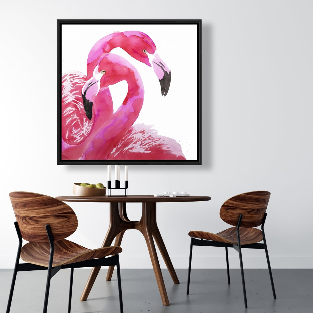 Aquarelle Flamingo Love - Toile encadrée avec oiseau rose