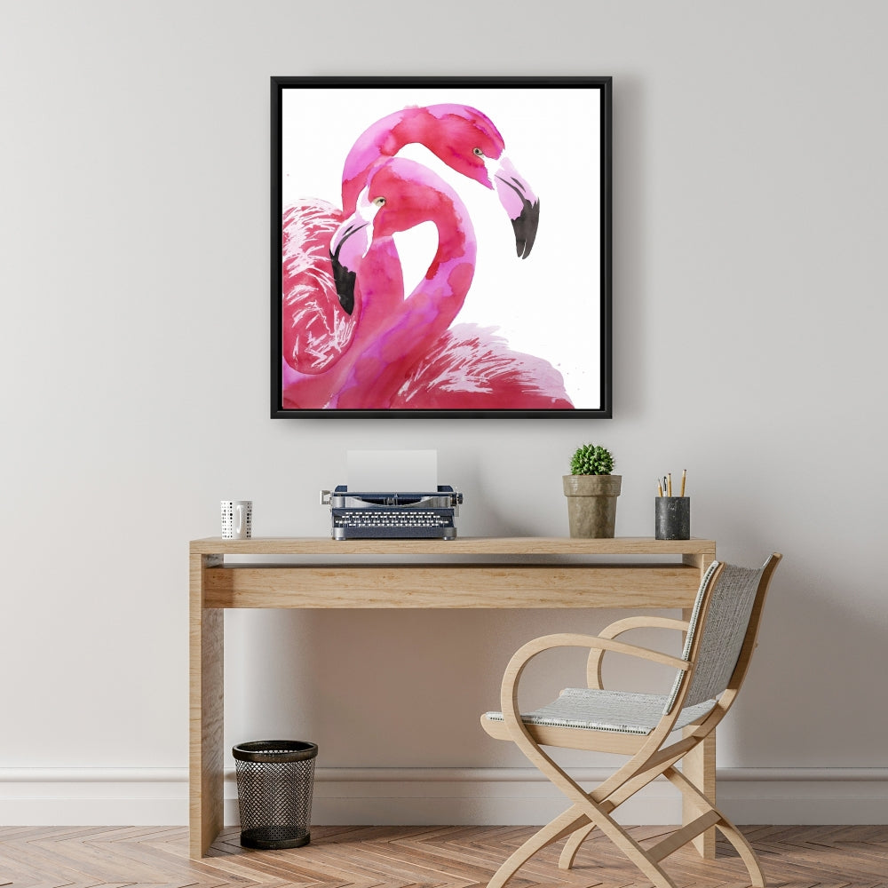 Aquarelle Flamingo Love - Toile encadrée avec oiseau rose