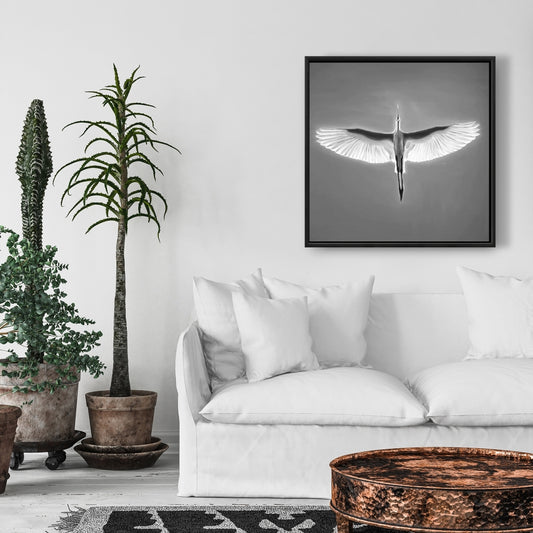 Grand héron bleu en vol – Décoration d'intérieur sur toile avec oiseau blanc