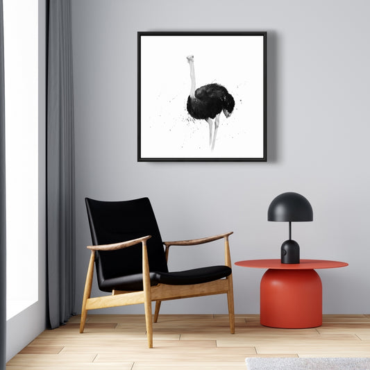 Ostrich in Watercolor | Bird Gray Exotic Framed Canvas Decor