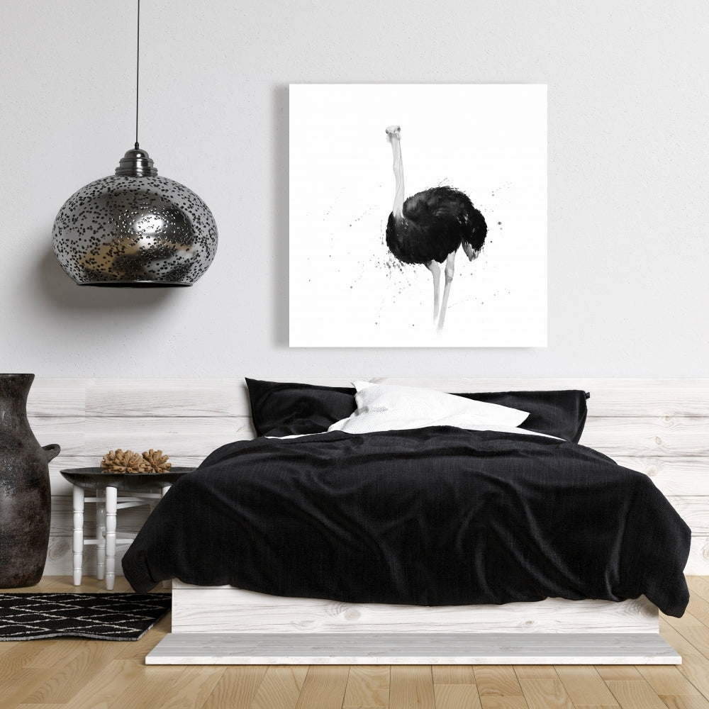 Ostrich Watercolor Canvas - Gray Bedroom Animal Art Decor