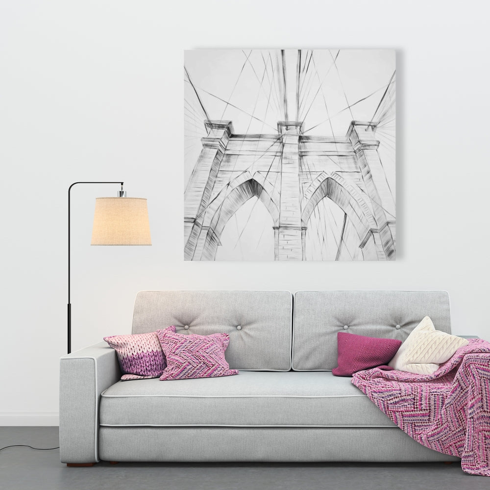 Brooklyn Bridge Sketch Canvas - Gray Bedroom Wall Art Decor