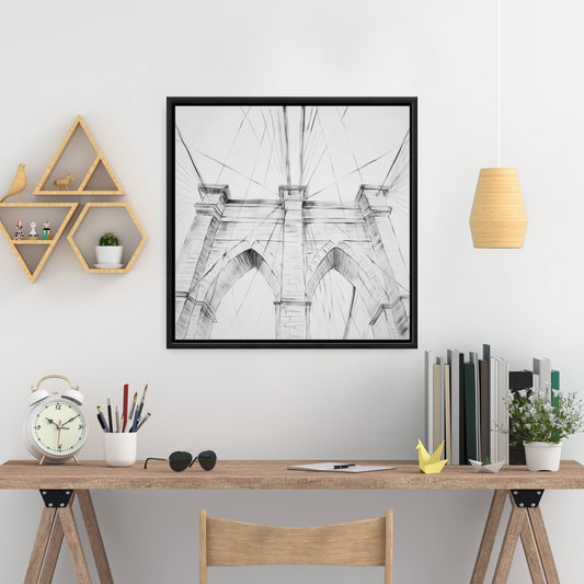 Brooklyn Bridge Sketch Framed Canvas | Bedroom Decor Art