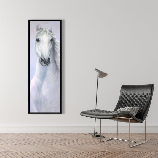 Powerful White Horse Canvas | Blue Framed Farm Animal Decor