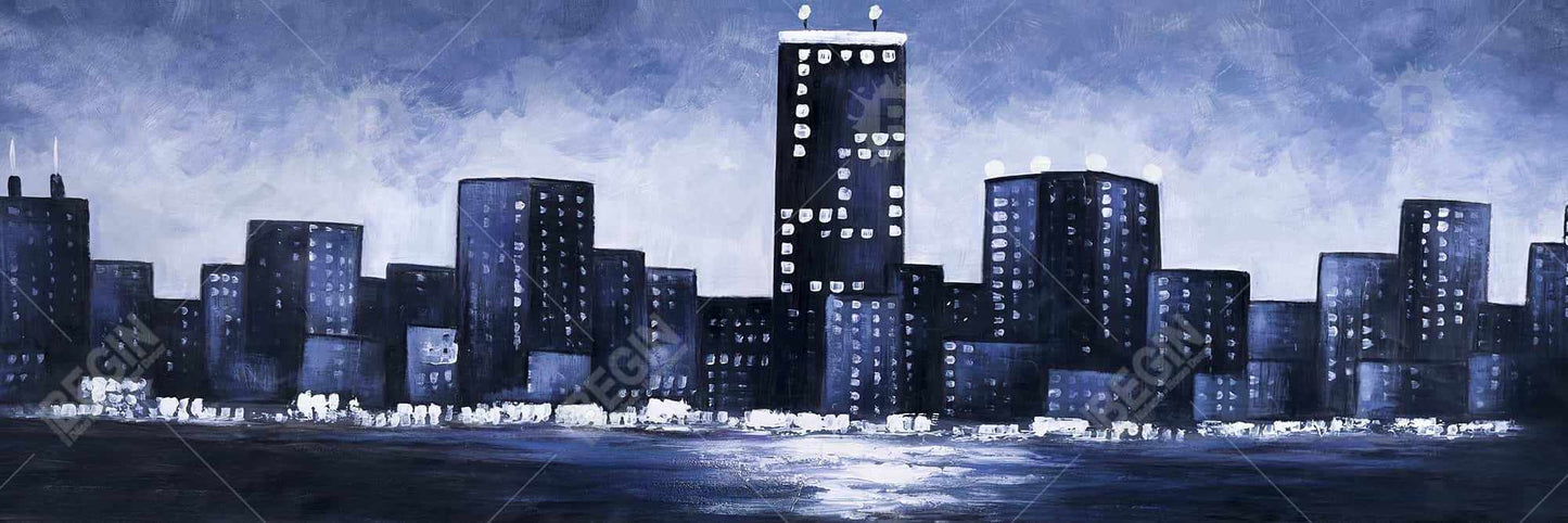 Toile Paysage urbain bleu foncé | Décoration murale encadrée pour chambre