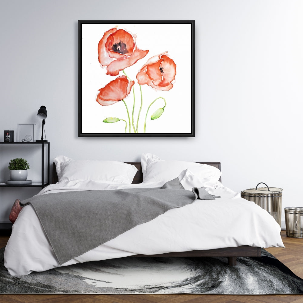 Watercolor Poppies Framed Canvas - Botanical Red Home Decor