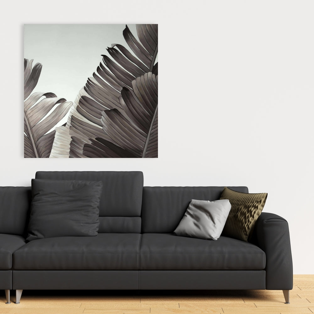 Grayscale Tropical Leaves Canvas - Botanical Bedroom Decor