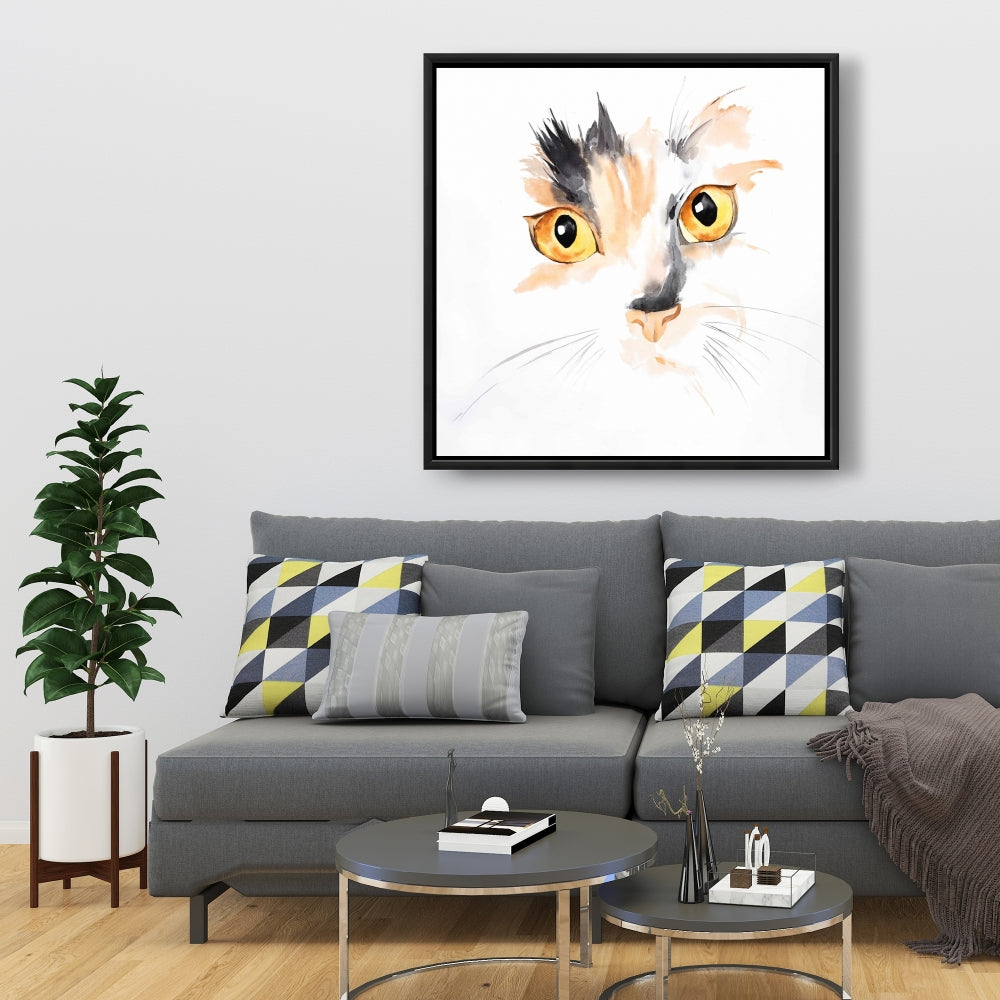 Watercolor Cat Face Closeup Framed Canvas - Gray Home Decor