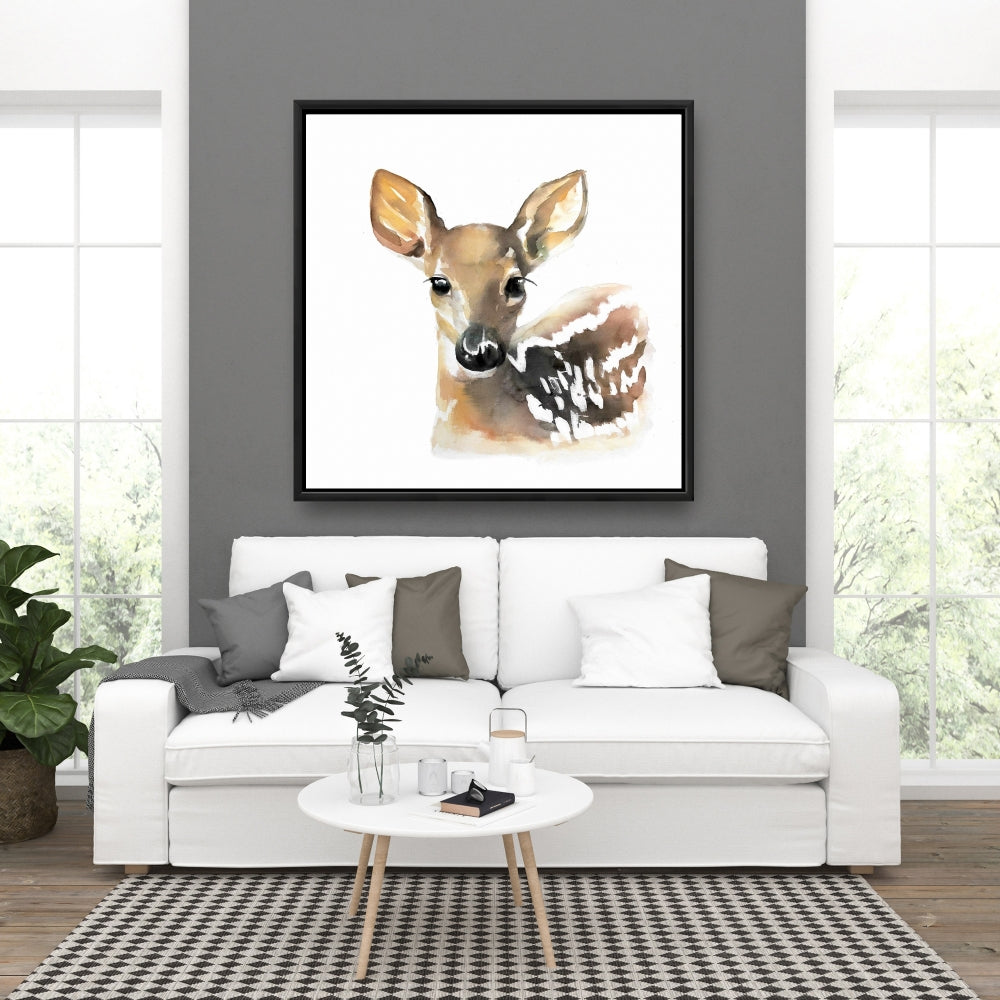 Toile aquarelle « Fawn Face » | Cadre rustique marron