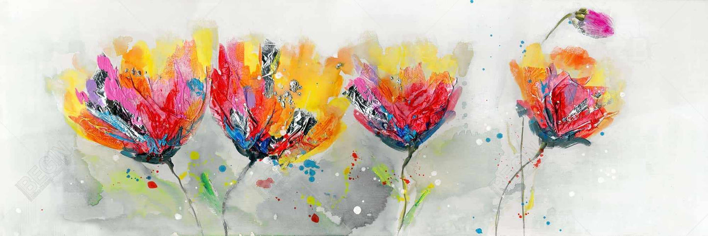 "Floral & Botanical Gray Canvas - Four Colored Flowers Decor"