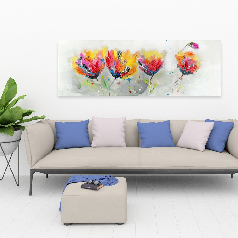 "Floral & Botanical Gray Canvas - Four Colored Flowers Decor"