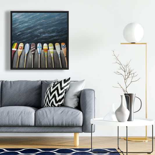 Pagaies colorées sur le quai - Toile de loisirs pour salle de bain bleue