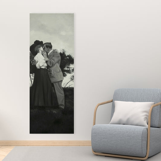 Beige Bedroom Figurative Canvas - Vintage Couple Kissing Decor