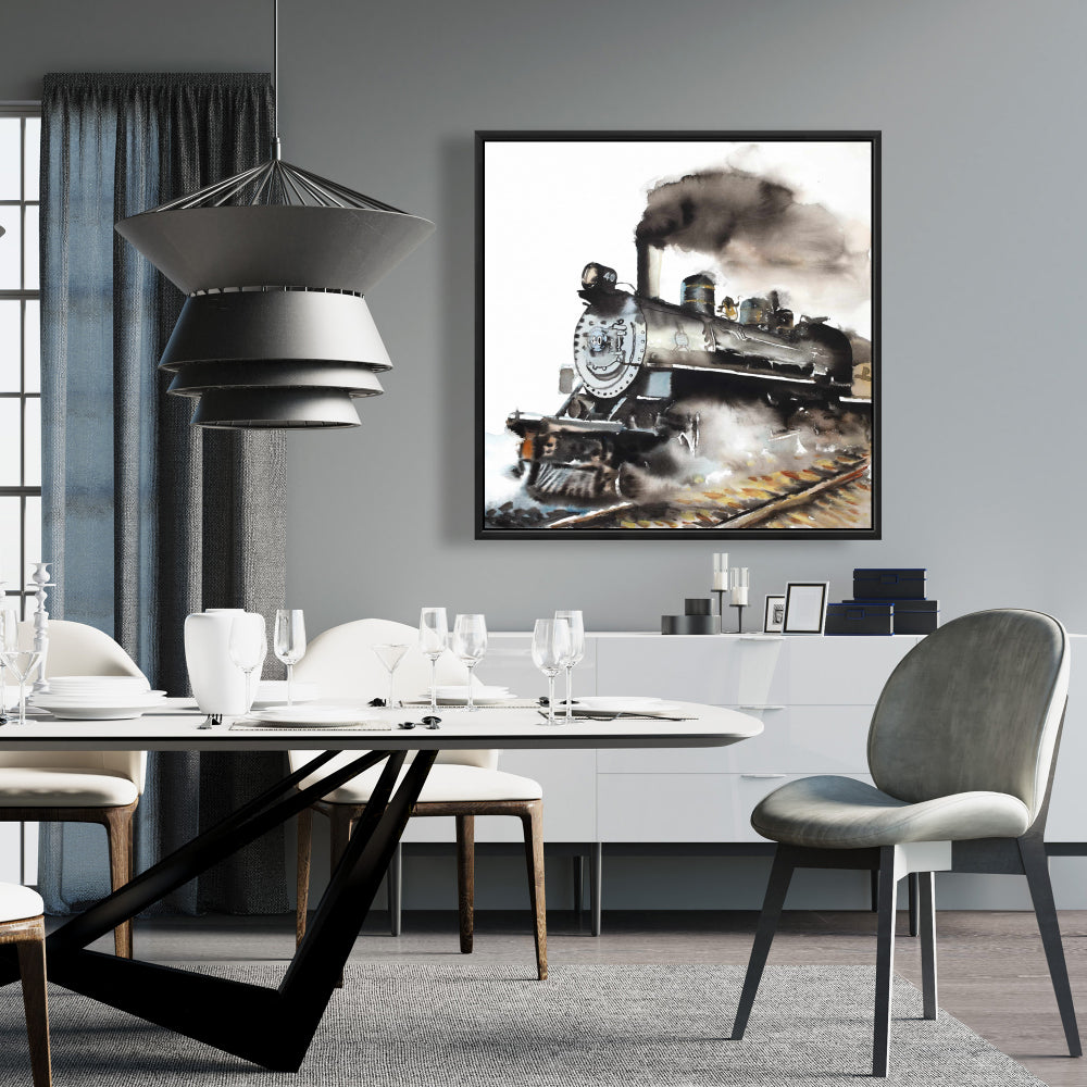 Toile vintage avec train à vapeur | Décoration industrielle encadrée grise