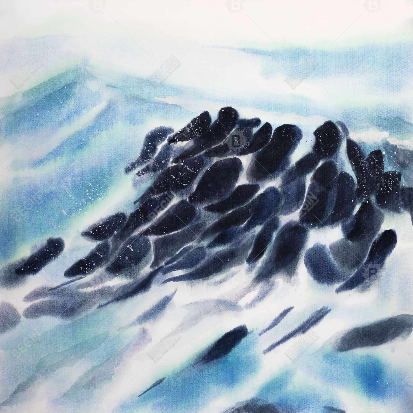 Coastal Blue Canvas - Sea Waves with Paint Splash Decor