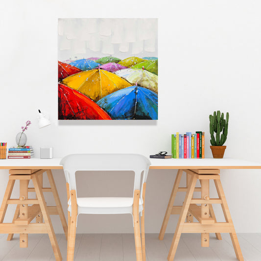 Colorful Umbrellas in Rain Canvas - Blue Shapes Home Decor
