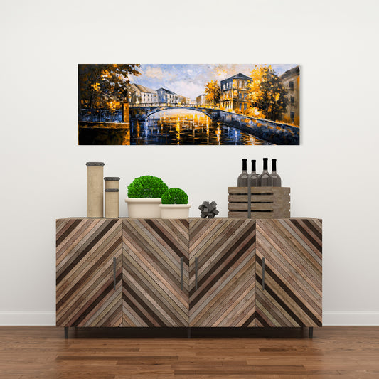 Pont par une journée ensoleillée - Décoration d'intérieur contemporaine sur toile bleue