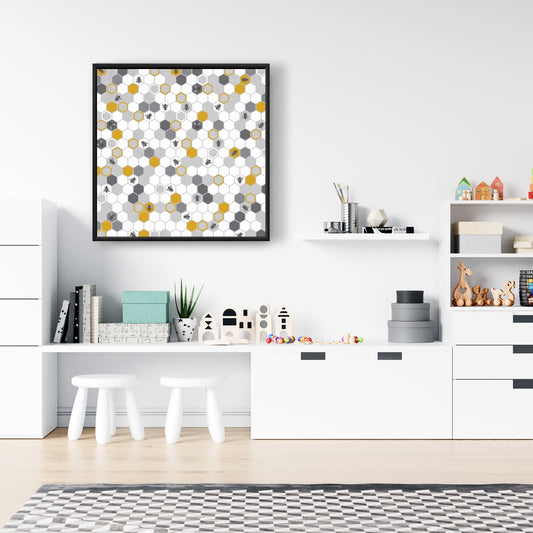 Beehive Pattern Canvas - Gray Framed Insect Art for Home Decor