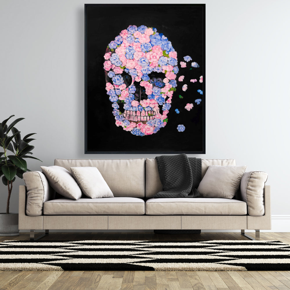 Blue Modern Flower Skull Framed Canvas - Bedroom Home Decor