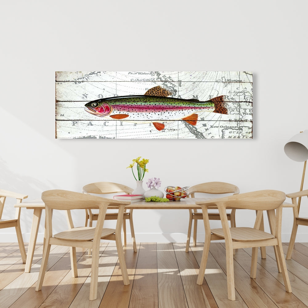 Trout on World Map Canvas | Red Aquatic Animals Home Decor