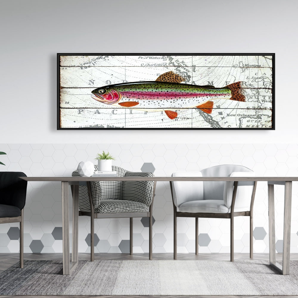 Toile encadrée « Truite sur carte du monde » | Décoration aquatique rouge